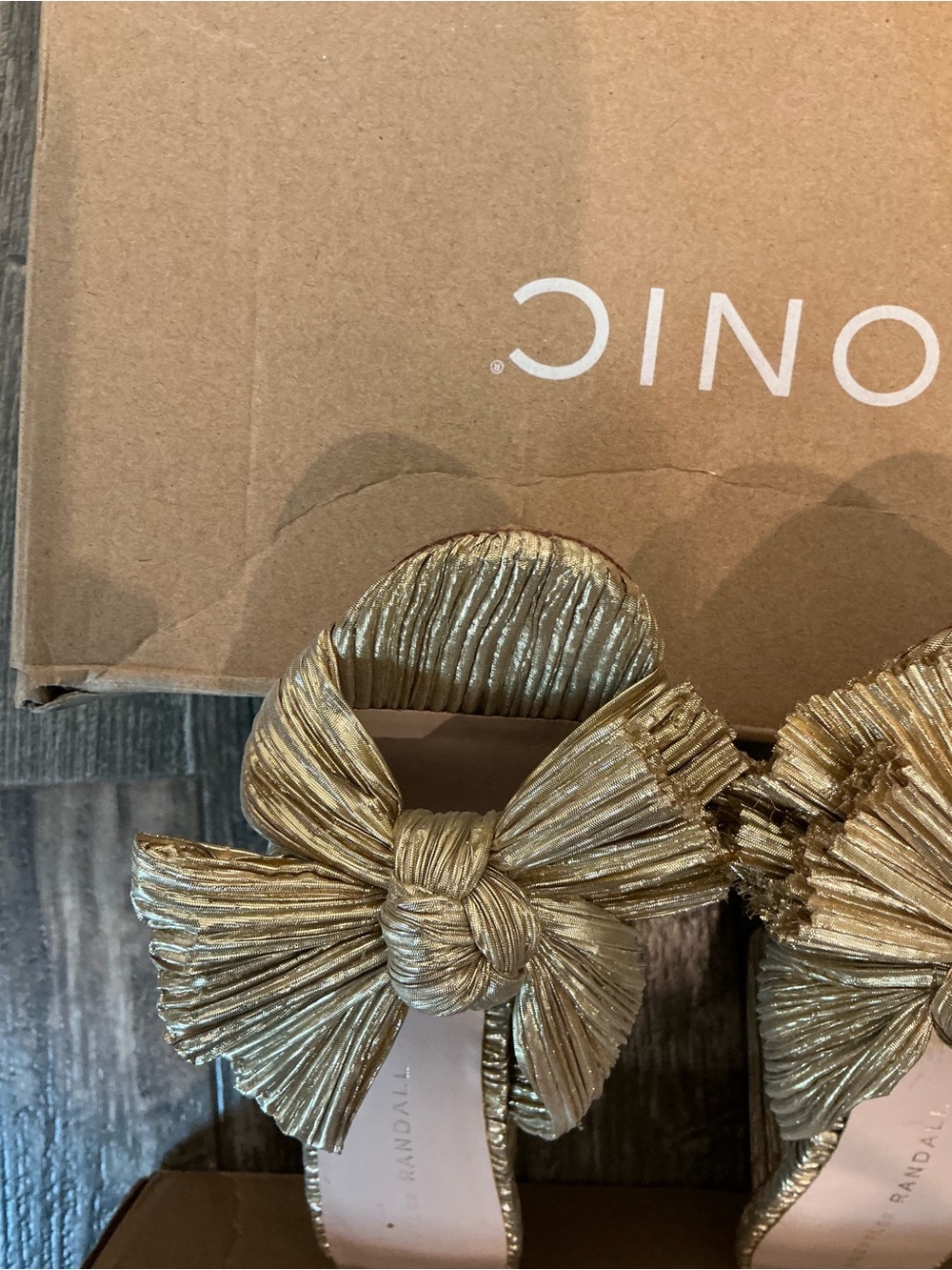 Loeffler Randall Gold Pleated Bow Block Heel Mules Size 6.5 - Picture 14 of 16